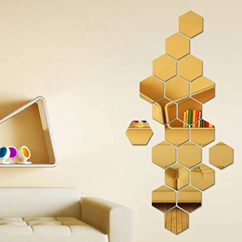 12 Pcs Decorative Gold Hexagon Acrylic Mirror Set (4X4 Inch)