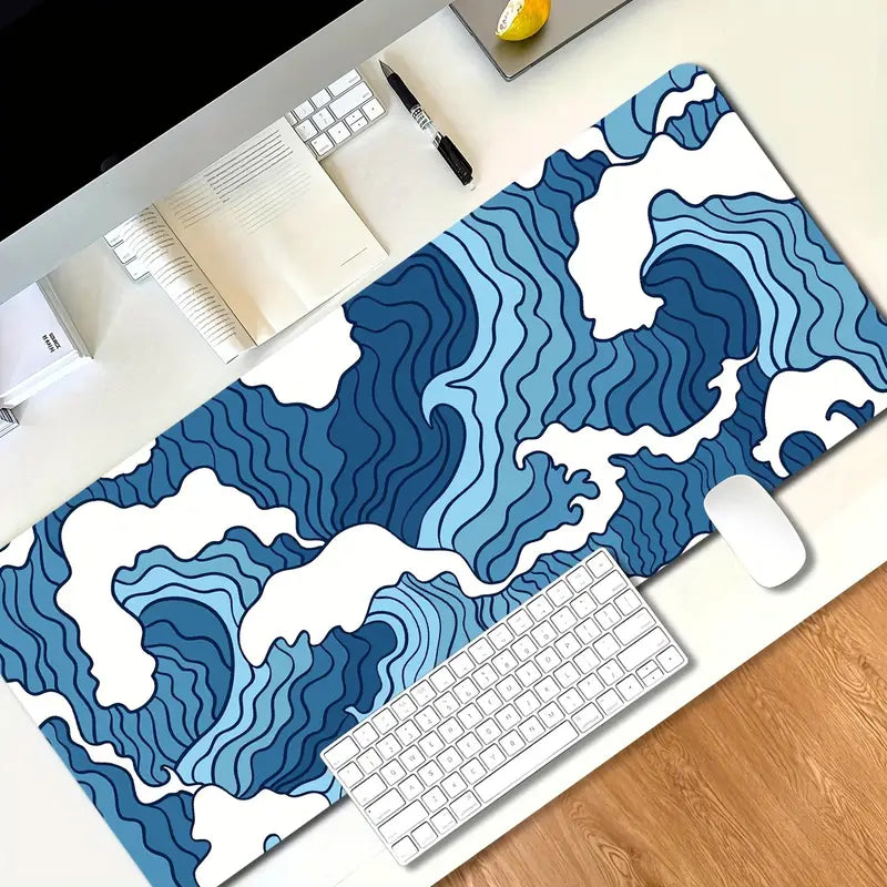 Blue Wave Desk Mat with Rubber Non-Slip Backing